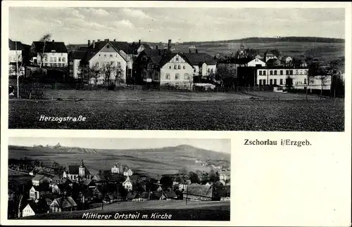 Ak Zschorlau im Erzgebirge, Herzogstraße, mittlerer Ortsteil mit Kirche