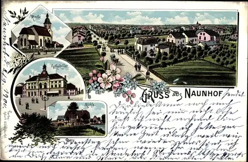 Litho Naunhof im Kreis Leipzig, Totalansicht vom Ort, Kirche, Ratskeller, Mühle