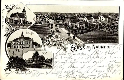 Litho Naunhof im Kreis Leipzig, Totalansicht vom Ort, Kirche, Ratskeller, Mühle