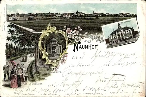 Litho Naunhof im Kreis Leipzig, Panorama, Ratskeller, Bismarckhütte, Weg nach Lindhardt