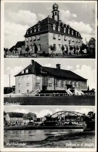 Ak Trebsen an der Mulde Sachsen, Rathaus, Turnhalle, Muldenbrücke