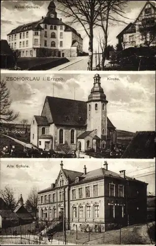 Ak Zschorlau Erzgebirge, Neue und Alte Schule, Kirche