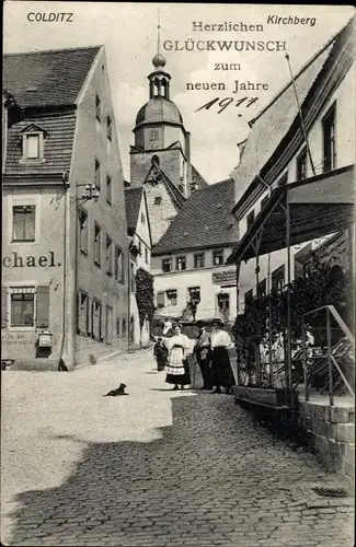 Ak Colditz in Sachsen, Glückwunsch Neujahr, Partie am Kirchberg, Kirchturm
