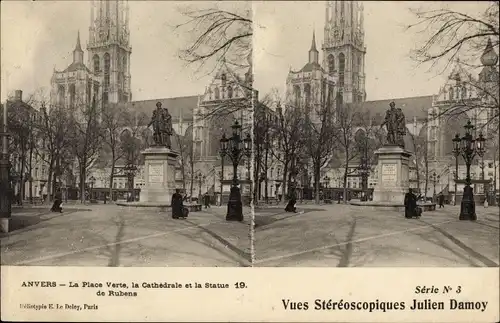 Stereo Ak Antwerpen Anvers Flandern, La Place Verte, Cathedrale, Statue de Rubens