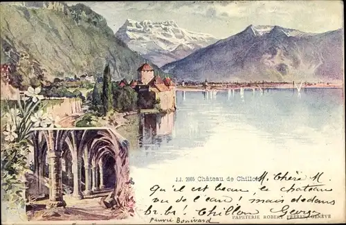 Künstler Ak Chillon Lac Léman Kt Waadt Schweiz, Château, Säulengang, Berglandschaft