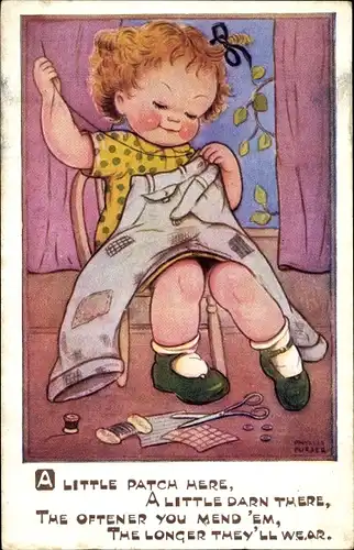 Künstler Ak Phyllis, P., Mädchen beim Nähen, A little Patch here...