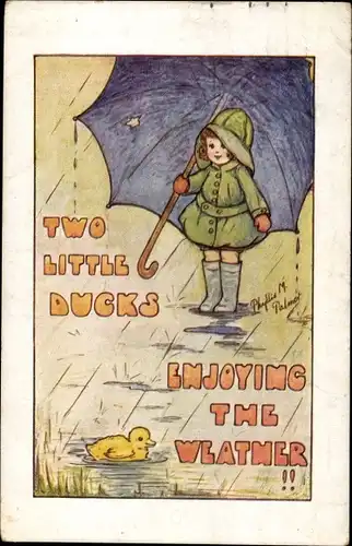 Künstler Ak Phyllis, P., Mädchen mit Regenschirm, Two litte Ducks enjoying the Weather