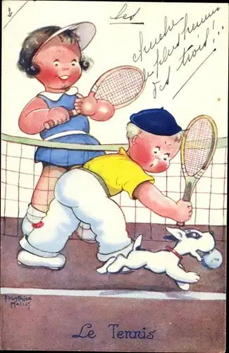 Künstler Ak Mallet, B., Tennisspiel, Kinder, Gestohlener Ball, Hund