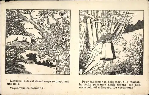 Künstler Ak Mädchen im Wald, Waldtiere, L'Ecureuill rai des champs sa disputent une noix