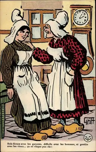 Künstler Ak Griff, Alte Frau belehrt ihre Tochter, Hausfrauen, Uhr