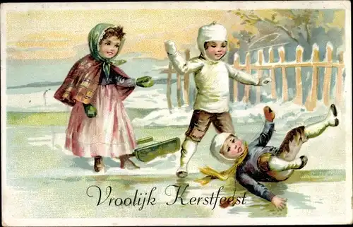 Litho Glückwunsch Weihnachten, Jungen und Mädchen mit Schlitten auf dem Eis