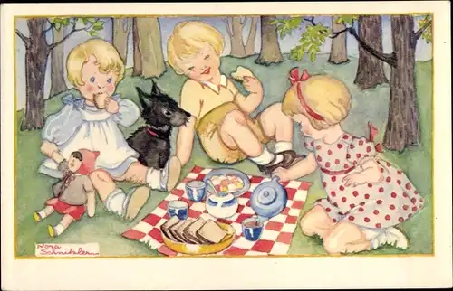 Künstler Ak Schnitzler, Nora, Kinder beim Picknick, Puppe, Hund