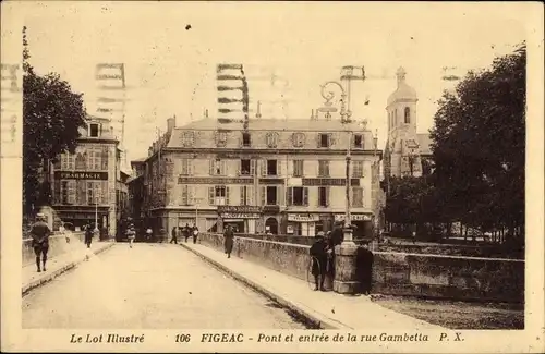 Ak Figeac Lot, Pont et entree de la rue Gambetta