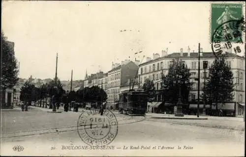 Ak Boulogne sur Seine Hauts de Seine, Le Rond Point et l'Avenue la Reine