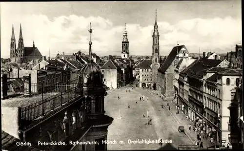 Ak Görlitz Lausitz, Peterskirche, Rathausturm, Mönch mit Dreifaltigkeitskirche