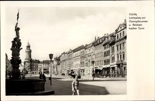Ak Görlitz Lausitz, Leninplatz mit Georgsbrunnen und Reichenbacher Turm
