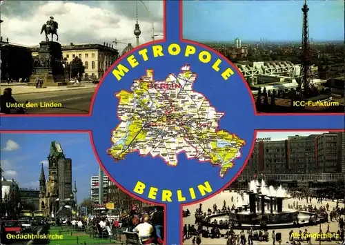Stadtplan Ak Berlin, Gedächtniskirche, Unter den Linden, ICC Funkturm, Alexanderplatz, Karte