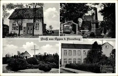 Ak Appen in Holstein, Ehrenmal, Geschäftshaus, Schule, Kapelle