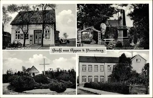 Ak Appen in Holstein, Ehrenmal, Geschäftshaus, Schule, Kapelle