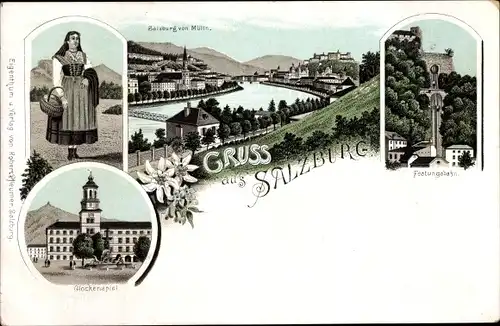 Litho Salzburg in Österreich, Frau in Tracht, Festungsbahn, Glockenspiel, Standseilbahn