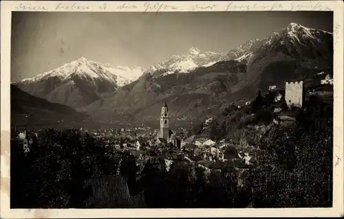 Ak Meran Merano Südtirol, Blick auf den Ort, Burgruine