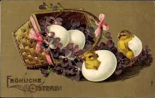 Präge Litho Glückwunsch Ostern, Küken, Eier, Veilchen