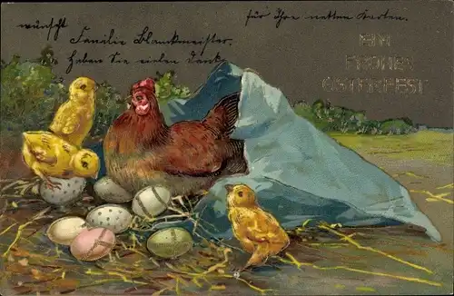 Präge Litho Glückwunsch Ostern, Huhn und Küken mit Ostereiern