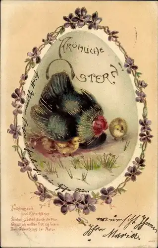 Präge Litho Glückwunsch Ostern, Huhn mit Küken, Ei, Veilchen