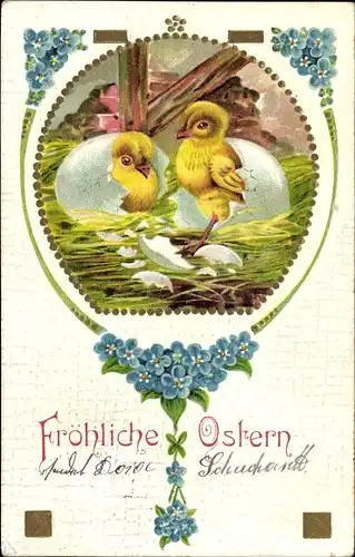 Präge Litho Glückwunsch Ostern, Schlüpfende Küken, Vergissmeinnicht