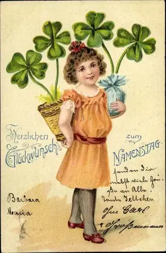 Ak Glückwunsch Namenstag, Mädchen mit Kleeblättern