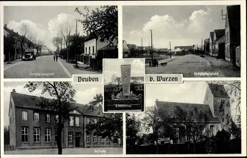 Ak Deuben Bennewitz Sachsen, Ehrenmal, Schule, Kirche, Straßenpartie
