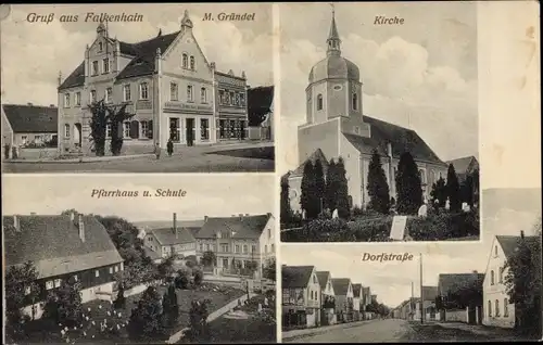 Ak Falkenhain Lossatal in Sachsen, Kirche, Pfarrhaus, Schule, Dorfstraße, Geschäftshaus M. Gründel