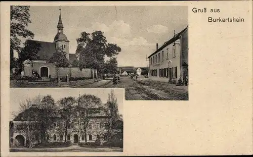 Ak Burkartshain Wurzen in Sachsen, Straßenpartie, Kirche, Gutshaus