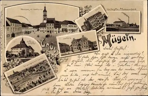 Litho Mügeln in Sachsen, Marktplatz, Stadtkirche, Schloss, Rathaus, Schule, Fabrik