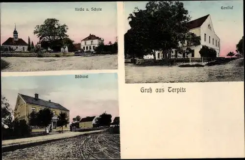 Ak Terpitz Liebschützberg in Sachsen, Kirche, Schule, Gasthof, Bäckerei