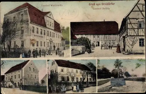 Ak Weichteritz Salbitz Naundorf in Sachsen, Dreidörfer, Gasthof, Schule, Geschäft Gustav Schneider