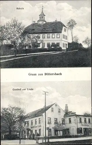 Ak Dittersbach Frankenberg an der Zschopau, Schule, Gasthof zur Linde