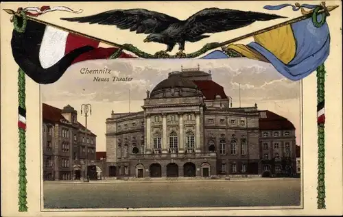 Passepartout Ak Chemnitz in Sachsen, Neues Theater, Adler, Fahnen
