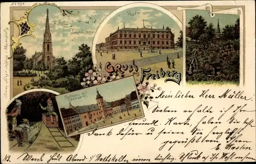 Litho Freiberg in Sachsen, Zwerge, Post, Rathaus, Obermarkt, Jakobikirche