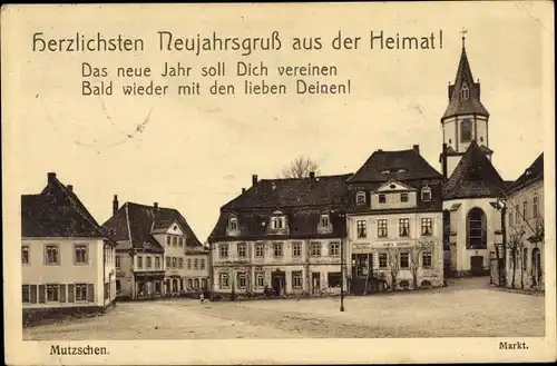 Ak Mutzschen Grimma in Sachsen, Glückwunsch Neujahr, Marktplatz, Kirche