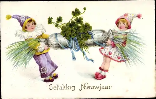 Litho Glückwunsch Neujahr, Junge und Mädchen öffnen ein Knallbonbon, Kleeblätter