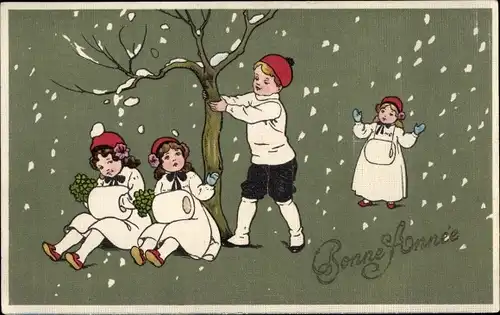 Litho Glückwunsch Neujahr, Junge schüttelt Schnee auf Mädchen unter einem Baum, Kleeblätter