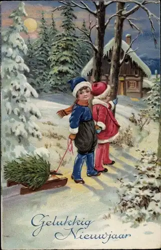 Ak Glückwunsch Neujahr, Junge und Mädchen mit Tannenbaum auf einem Schlitten, Winterlandschaft