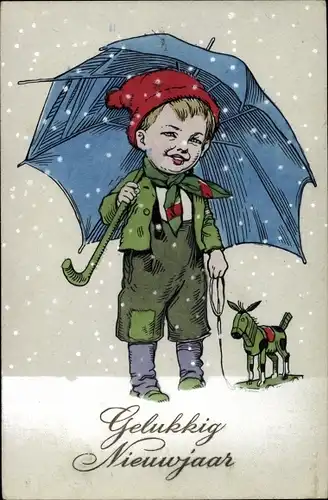 Ak Glückwunsch Neujahr, Junge mit Regenschirm und Holzpferd im Schneefall