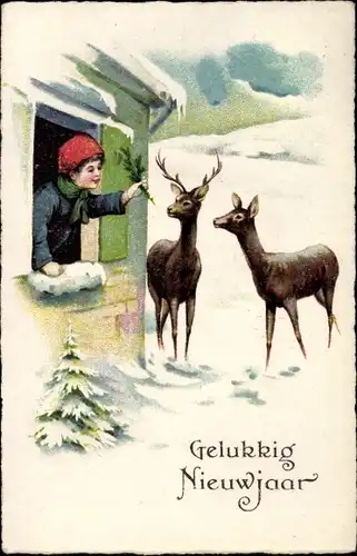 Ak Glückwunsch Neujahr, Junge am Fenster, Rehe, Winterlandschaft