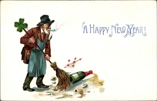 Ak Glückwunsch Neujahr, Mann mit Besen, Sektflasche, Kleeblatt