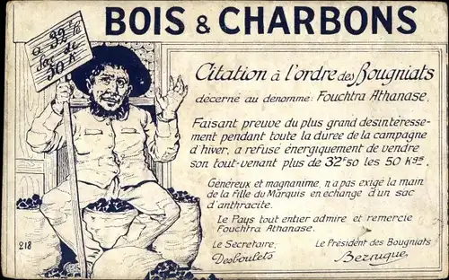 Künstler Ak Bois et Charbons, Citation a l'ordre des Bougniats, Fouchtra Athanase, Kohlehändler