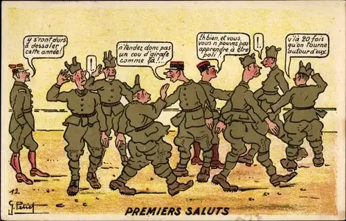 Künstler Ak Premiers Saluts, französische Soldaten, neue Rekruten