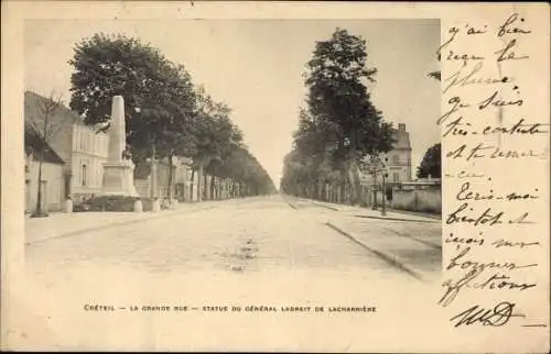 Ak Créteil Val de Marne, La Grande Rue, Statue du General Ladreit de Lacharriere