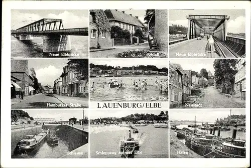 Ak Lauenburg an der Elbe, Schloss, Elbbrücke, Neustadt, Hafen, Schleuse, Schleppzug, Hamburger Str.